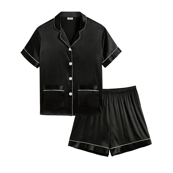 SWOMOG Satin Kid Pajamas for Girls Silk Pjs Set with 2 Pockets Boys Sleepwear Button-up Lounge Sets Short Sleeve Nightwear A Black