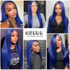 Long 32 Inch Navy Blue Lace Front Wigs Human Hair