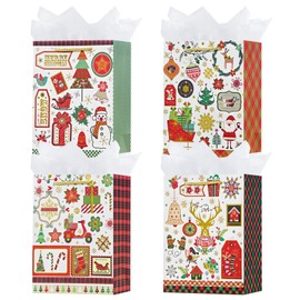 OFIHANLY 4 Pack 9" Small Size Christmas Gift Bags with Handles for Xmas Holiday Presents Vintage Color&Gold Cute Paper Wrapping Bag with Tissue Paper for Kids