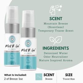Mist N’ Go by Omaze Travel Bathroom Spray for Toilet Spray Odor Eliminator - Travel Toilet Spray for Bathroom Air Freshener Spray for Bathroom Deodorizer - Breeze Travel Size (1oz x2)