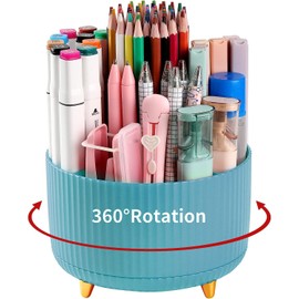 Pencil Pen Holder for Desk, 5 Slots 360°Degree Rotating Pencil Pen Organizers for Desk, Desktop Storage Stationery Supplies Organizer, Cute Pencil Cup Pot for Office, School, Home, Art Supply (Blue)