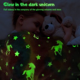 Glow in The Dark Throw Blanket, Unicorn Blanket for Girls, Luminous Kids Blanket, Soft Blankets for 3,4,5,6,7,8,9,10 Year Old Girl Birthday Christmas Thanksgiving Gifts(50" x 60", Rainbow)