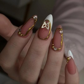 MISUD Press on Nails - Medium Almond Glue on Nails with White French Tip, Acrylic Gold Chrome Design 24 pcs