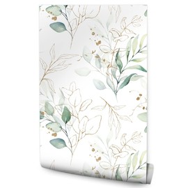 Muralo Wallpaper 10 m Roll Non-Woven Wallpaper Watercolour Leaves Plants Green Natural Flora Wall Wallpaper for Living Room Bedroom Hallway Office Modern Pattern Wall Decoration