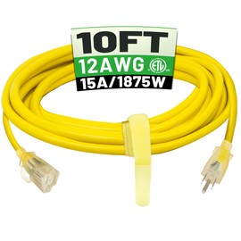 POWGRN 10 ft 12/3 Outdoor Extension Cord Waterproof Heavy Duty with Lighted Indicator End 12 Gauge 3 Prong, Flexible Cold-Resistant Long Power Cord Outside, 15Amp 1875W SJTW Yellow ETL Listed