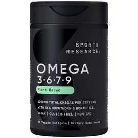 Sports Research® Vegan Omega 3-6-7-9 - 1200 mg of Multi-Spectrum Omega Fatty Acids Certified Non-GMO Formula with Sea Buckthorn & Borage Oil - 90 Veggie Softgels
