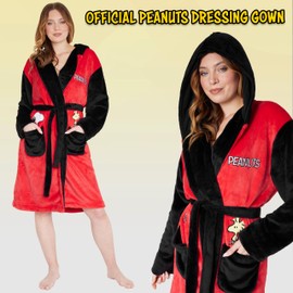 Peanuts Snoopy Women's Fleece Bathrobe with Hood, Cuddly Dressing Gown - Gift Idea for Women (Red/Black, XL), Red/black