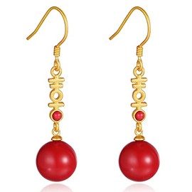 Red Wedding Dangle Earrings for Women | Sterling Silver Dangle Earring with Red Bead | Double Happiness Earrings for Bride Bridesmaid