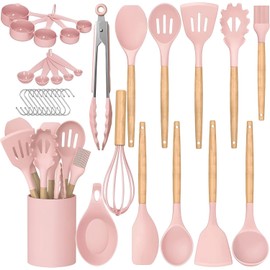 Feuora Premium Silicone Kitchen Cooking Utensils Set, 33pcs – 446°F Heat Resistant, Non-stick, BPA-Free, Wooden Handles, Spatula, Turner, Tongs, Spoon, Brush, Whisk – Essential Cooking Gadgets (Pink)