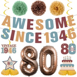 80th Birthday Decorations for Men Women Vintage Awesome Since 1946 Birthday Banner Hanging Swirls with Number 80 Balloons Brown Gold Pom Poms Honeycomb Centerpieces for 80 Years Old Party Supplies