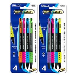 BAZIC Oil Gel Ink Retractable Pen Spyder Assorted Colors, 0.7 mm Medium Point Soft Grip Smooth Writing, for Office School (4/Pack), 2-Pack