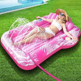 Inflatable Tanning Pool Lounger Float with Sprinkler, 72" x 47" Large Pool Floats Adults with Backrest & Drink Holder Blow Up Tanning Bed Lounger Pool Raft Floatie for Adults Water Party, Pink/Blue