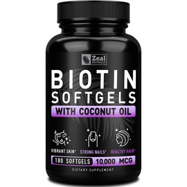 Zeal Naturals Biotin with Coconut Oil for Hair 10000mcg (180 Softgels) Supplement - Biotin Pills for Hair Skin and Nails Vitamins for Women Capsules for Men Hair Growth 6 mo Supply