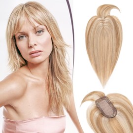 TESS Hair Topper Real Hair Blonde Balayage 7 x 13 cm Base Toupee Women's #12P613 Light Brown/Light Blonde with Fringe Hair Topper Real Hair 33 g 25 cm Hair Topper Clip-In Hairpiece Extensions