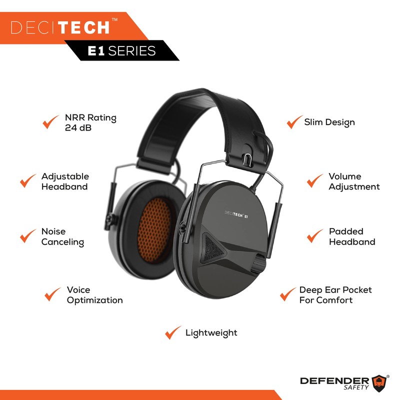 Defender Safety Decitech E1 Electronic Active Hearing Protection, Shooting, Range,