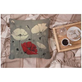 WONDERTIFY Poppy Flower Cushion Cover Watercolor Beautiful Charming Poppy Pillowcases for Men Women, Pillow Cover Living Room Farmhouse Red White 45X45 Cm