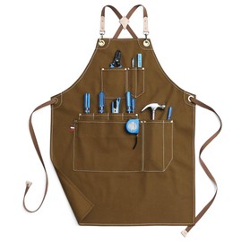 Jeanerlor Hair Stylist Apron Waxed Cotton Canvas Apron with 10 Pockets Durable Tool Aprons for Women No Neck Pain Smart Cross-Back Straps Design Adjustable S to M（Coffee）