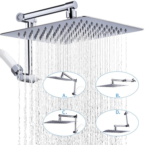 G-Promise All Metal 10 Inch Rain Shower Head with 13" Adjustable Extension Arm | High Pressure Rainfall Showerhead | Luxury Moden Look Square Large Waterfall Showerhead (Chrome)