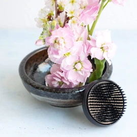 Wazakura Minoyaki Series Japanese Ikebana Essential Tool Kit with Small Round Ceramic Flower Vase and Kenzan Pin Frog for Floral Arranging - Black Vase + 2in (61mm) Black Kenzan