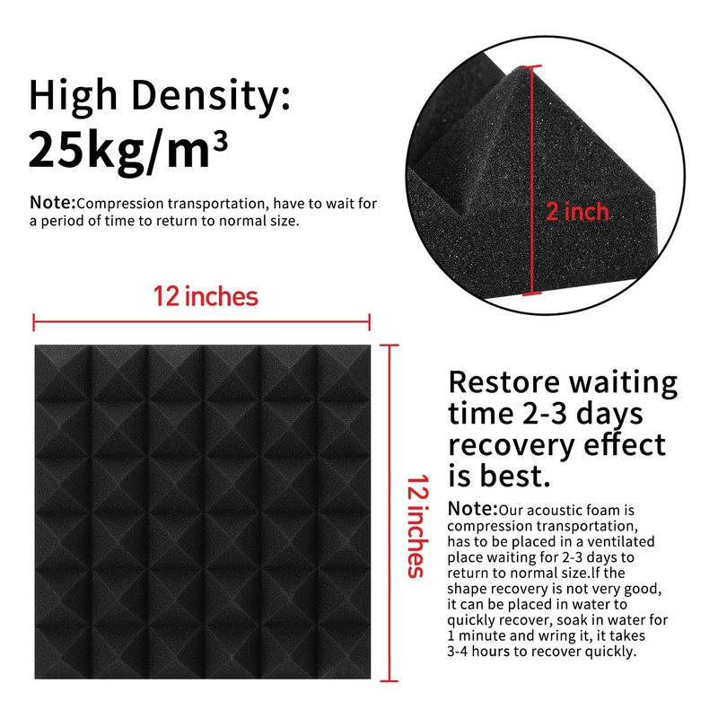 Focusound 24 Packs Acoustic Foam Panels Pyramid 2" X 12"