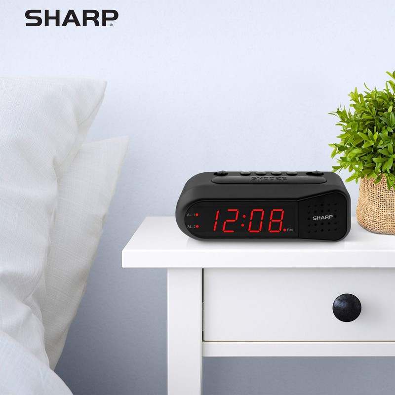 SHARP Digital Alarm Clock – Black Case with Red LEDs