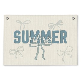 ETVISO Coastal Preppy Beach Summer Vibes Coquette Minimalist Bow Girls Room Decor - Linen Banner Wall Hanging Canvas Banner Flag Decor for Toddler Girls Dorm Bedroom Nursery Playroom