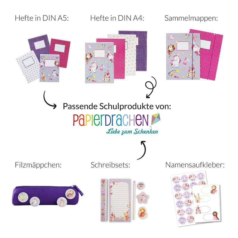 Papierdrachen 2 high-quality school folders for children, DIN A4, unicorn