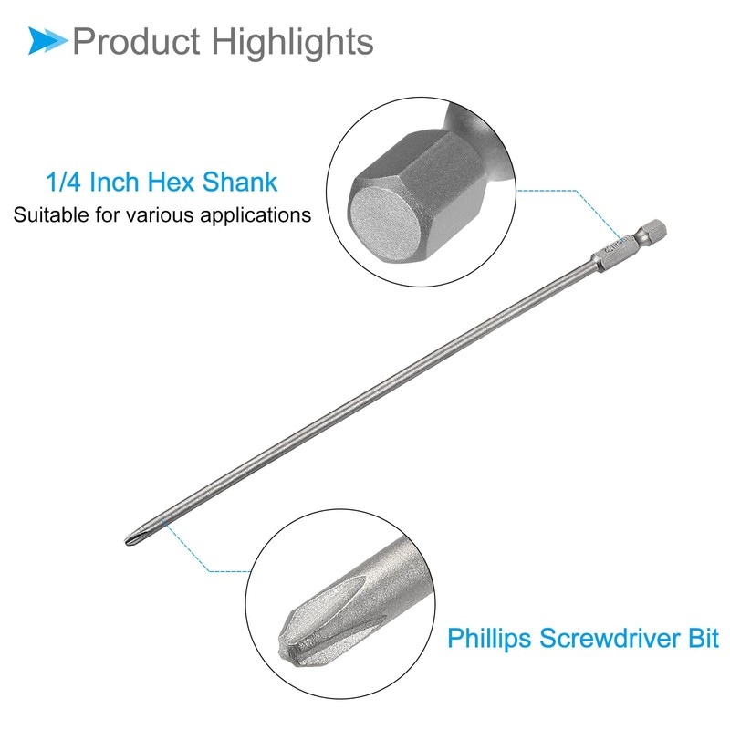 CoCud Phillips Cross Screwdriver Bits, PH2 200mm Long 1/4" Hex