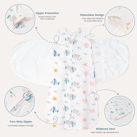 ZIGJOY Sleep Sack Swaddle 1.0 Tog Baby Wearable Blanket 100% Cotton Adjustable Silent Transition Swaddle Blanket, 0-6 Months, Ocean