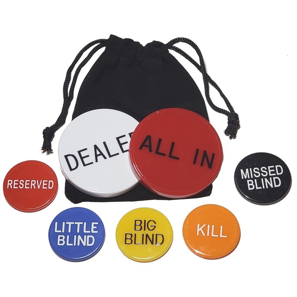 Cyber-Deals Texas Hold'em Poker 7pc Button Set (Dealer, All in, Small Blind, Big Blind, Missed Blind, Reserved, Kill) with Black Velvet Pouch