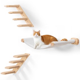 Cat Scraching Post Wall Shelves Set of 3 –1 Floating Fabric Hammock, 2 Cat Wall Ladders with 4 Steps EachWall Mounted Bed Furniture & Climber for Large Cats, Indoor Wall Playground