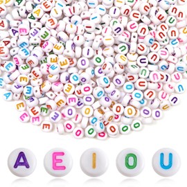 TOAOB 200pcs 4x7mm Vowels Letter Beads Acrylic Flat Round Alphabet Beads White Vowel Beads with Colorful Word A E I O U Spacer Beads for Jewellery Making Art Craft DIY Bracelets