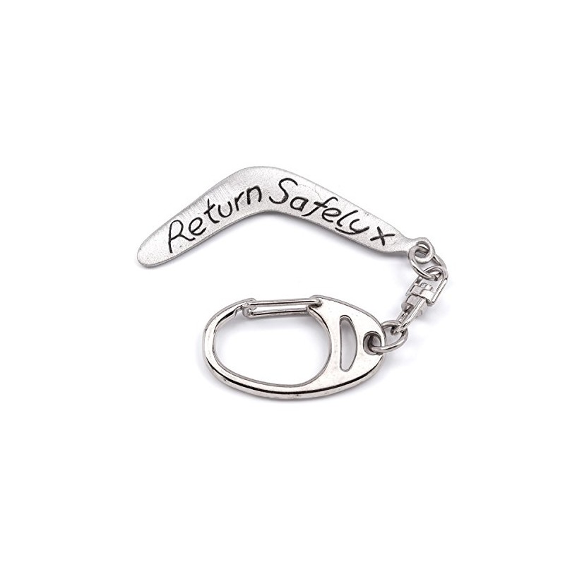 Metal Planet Ltd Boomerang keyring with 'Return safely x' message