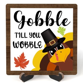 Fall Farmhouse Decor For Home, Fall Tiered Tray Decor, Gobble Till You Wobble Sign, Fall Kitchen Living Room House Desk Decor, Thanksgiving Table Decorations, Set Of 1 Wooden Sign With Stand -n09