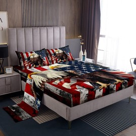 Feelyou American Flag Sheets Full Size Wild Animal Eagle Printed Bedding Set for Kids US Stars Stripes Flags Bed Sheets Vintage Independence Day Sheets Set,1 Fitted Sheet+2 Pillow Sham+1 Flat Sheet