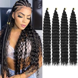 Ocean Wave Crochet Hair 24inch 4packs Deep Wave Crochet Hair Ocean Wave Braiding Hair Crochet Braids Synthetic Braids Wet and Wavy Braiding Hair For Black Women (#1B, 24inch,4packs)