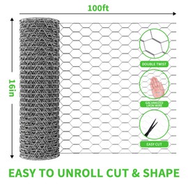16in x 100ft Craft Chicken Wire Mesh, Hexagonal Galvanized Wire Mesh for Poultry, Floral Wire Netting for Protecting Garden Plants, Vegetables, Flowers and Fruits from Dogs, Rabbits and Squirrels