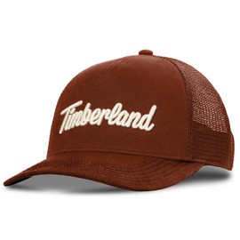 Timberland Trucker Hat for Men - Durable Cotton Twill, Adjustable Snapback Cap, Breathable Mesh Back, Burnt Henna (Red), One Size