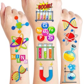 96 piezas de tatuajes temporales divertidos con temática de ciencia, decoraciones para fiestas de cumpleaños de laboratorio de científicos locos