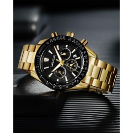 MEGALITH Wrist Watches for Men Chronograph: Date Waterproof Stainless Steel - Gold Analogue Quartz Mens Watches
