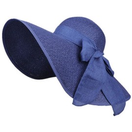 QUUPY Women Wide Brim Summer Hat Foldable Roll Up Beach Hats with Big Bow UPF 50+, blue, Einheitsgröße