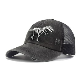 Qoyupuza Dinosaur Baseball Cap for Men Teens, Embroidered T Rex Skeleton Design Cotton Hat for Adults, Grid Style-Gray