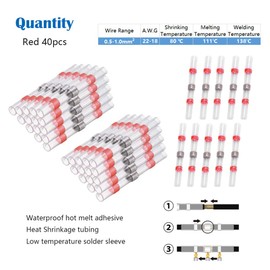 CTRICALVER Welded & Sealed Wire Connectors, 40 Waterproof Heat Shrinkable Butt Joints, Wire Terminals, Marine Insulated Butt Joints (Red)