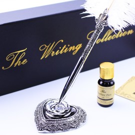 Featty Gifts Natural White Ostrich Plume Dip Quill Pen Set,Retro Crown Penholder and Crave Pattern Penstand Stem,Writing Feather Pen for Party