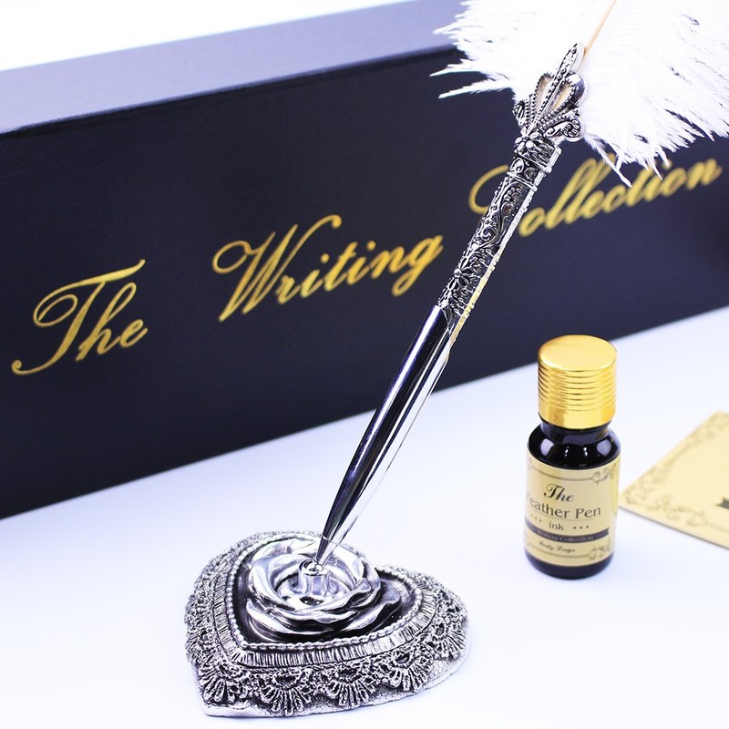 Featty Gifts Natural White Ostrich Plume Dip Quill Pen Set,Retro