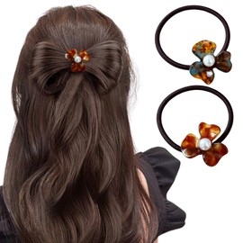 Flower Pearl Hair Scrunchies for Women Acrylic Brown Elastic Hair Ties Flower Thin Hair Ties Floral Ponytail Holder Spring Summer Pearl Hair Accessories Hair Bands 2Pcs