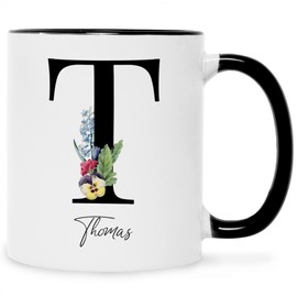 Bedruckte Tasse mit Personalisierung des Namen & Anfangsbuchstaben - im Floral Design - Geschenk für Mama Papa Geburtstag Muttertag Valentinstag Weihnachten - für Sie & Ihn Farbe Schwarz & Weiß