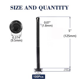 #14 x 5" Sheet Metal Screws 100PCS 410 Stainless Steel Hex Washer Head Tek Screws Fast Self Tapping Screws Black Oxide by SG TZH