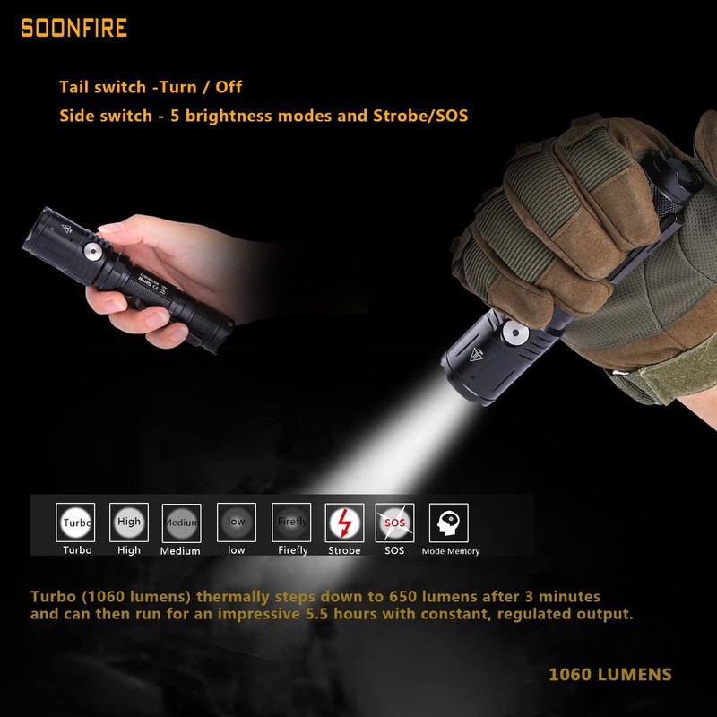 soonfire MX65 Tactical Flashlight 1060 Lumens Built-in a Fast Charging