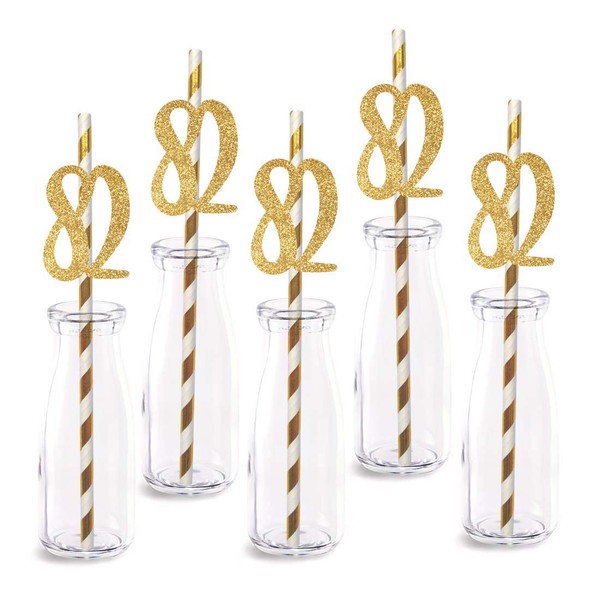 82nd Birthday Paper Straw Decor, 24-Pack Real Gold Glitter Cut-Out Numbers Happy 82 Years Party Decorative Straws
